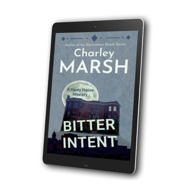 A tablet device displaying the book cover for 'Bitter Intent' by Charley Marsh, shown at an angle on a clean white background.