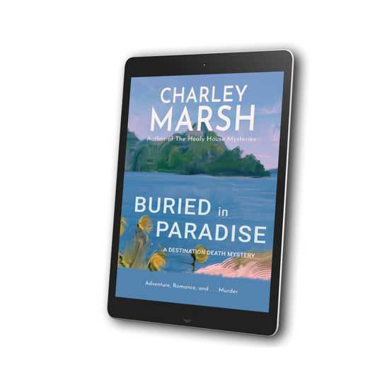 A tablet device displaying the book cover of 'Buried in Paradise' by Charley Marsh, shown on a clean white background.