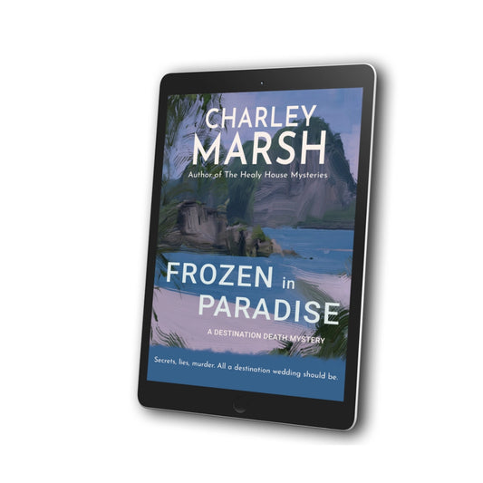 A tablet device displaying the book cover of 'Frozen in Paradise' by Charley Marsh, shown at an angle on a plain white background.