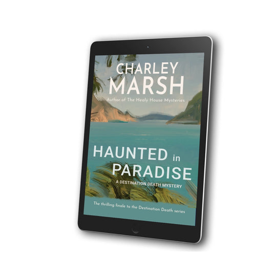 A tablet device displaying the book cover of 'Haunted in Paradise' by Charley Marsh, shown at an angle on a clean white background.