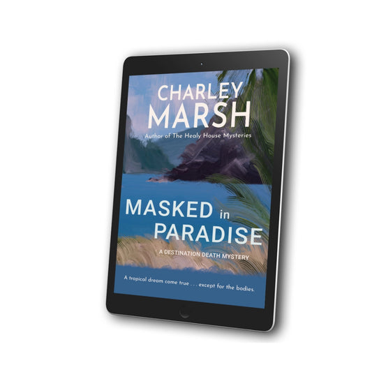 A tablet device displaying the book cover of 'Masked in Paradise' by Charley Marsh, shown at an angle on a plain white background.